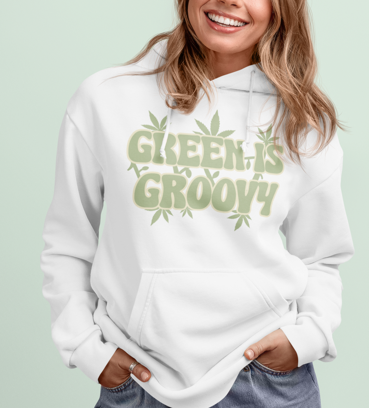 White hoodie with cannabis leaf saying green is groovy - HighCiti