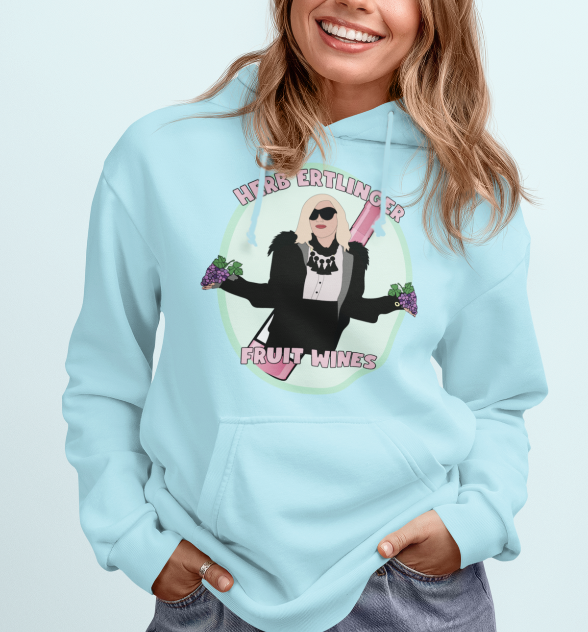 Light blue hoodie with moire rose and a bottle of wine saying herb ertlinger fruit wines - HighCiti