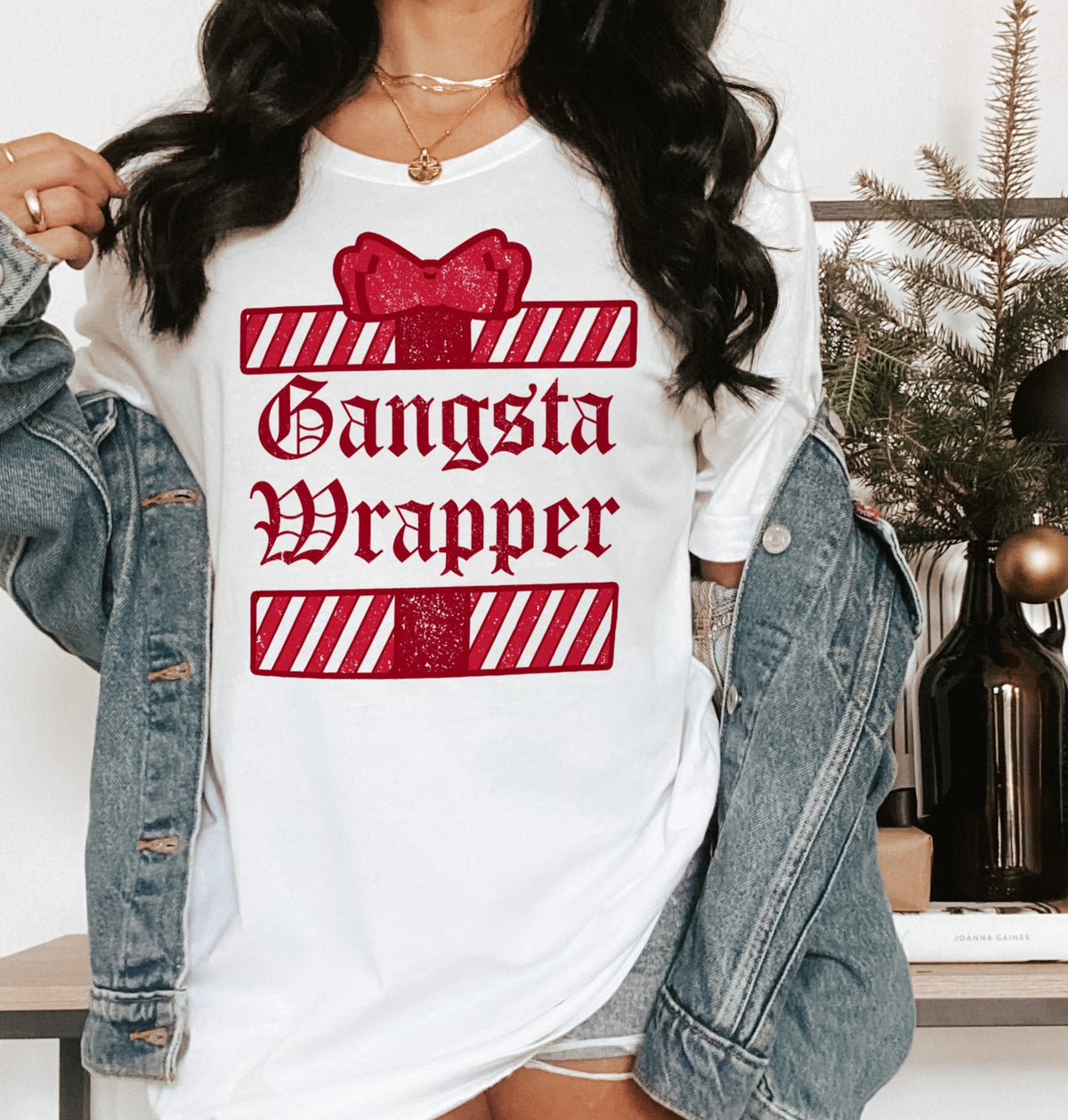 white shirt with a present that says gangsta wrapper - HighCiti