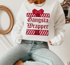 white sweater with a present that says gangsta wrapper - HighCiti