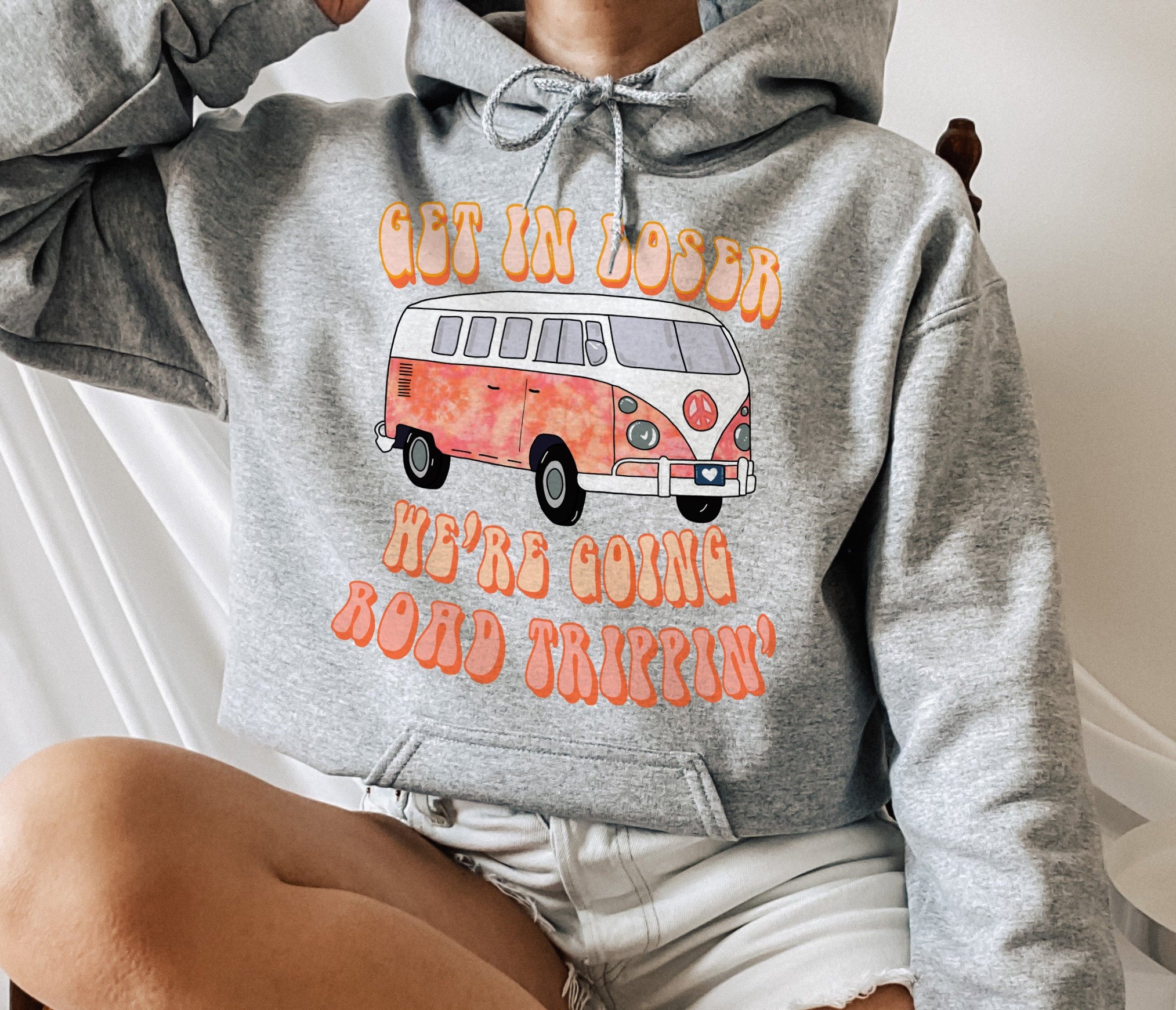 grey hoodie with a vw bus that says got in looser we're going road trippin' - HighCiti