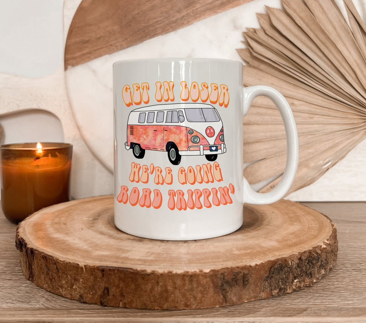 white mug with a vw bus that says got in looser we're going road trippin' - HighCiti