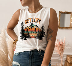 white muscle tank with a mountain and a forest that says get lost - HighCiti