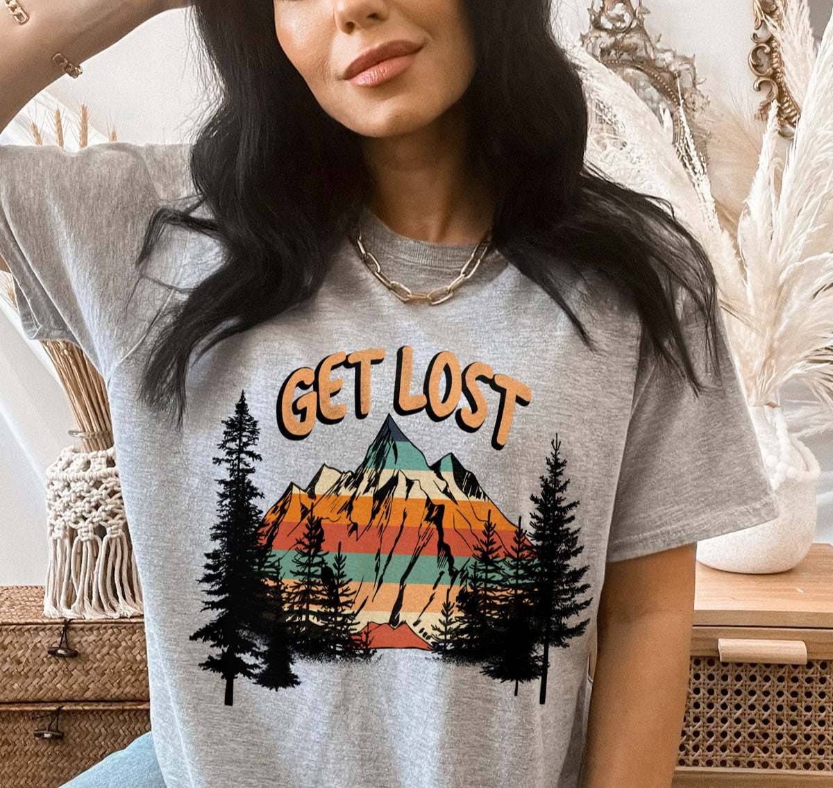 grey shirt with a mountain and a forest that says get lost - HighCiti