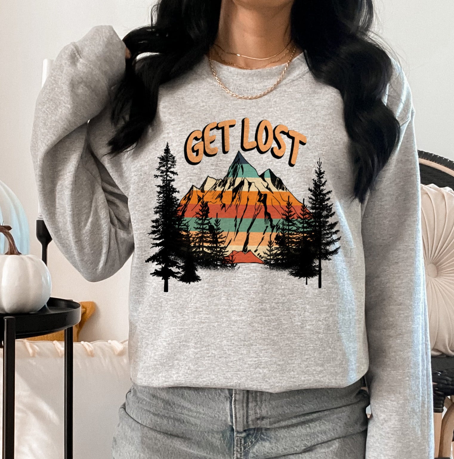 grey sweater with a mountain and a forest that says get lost - HighCiti