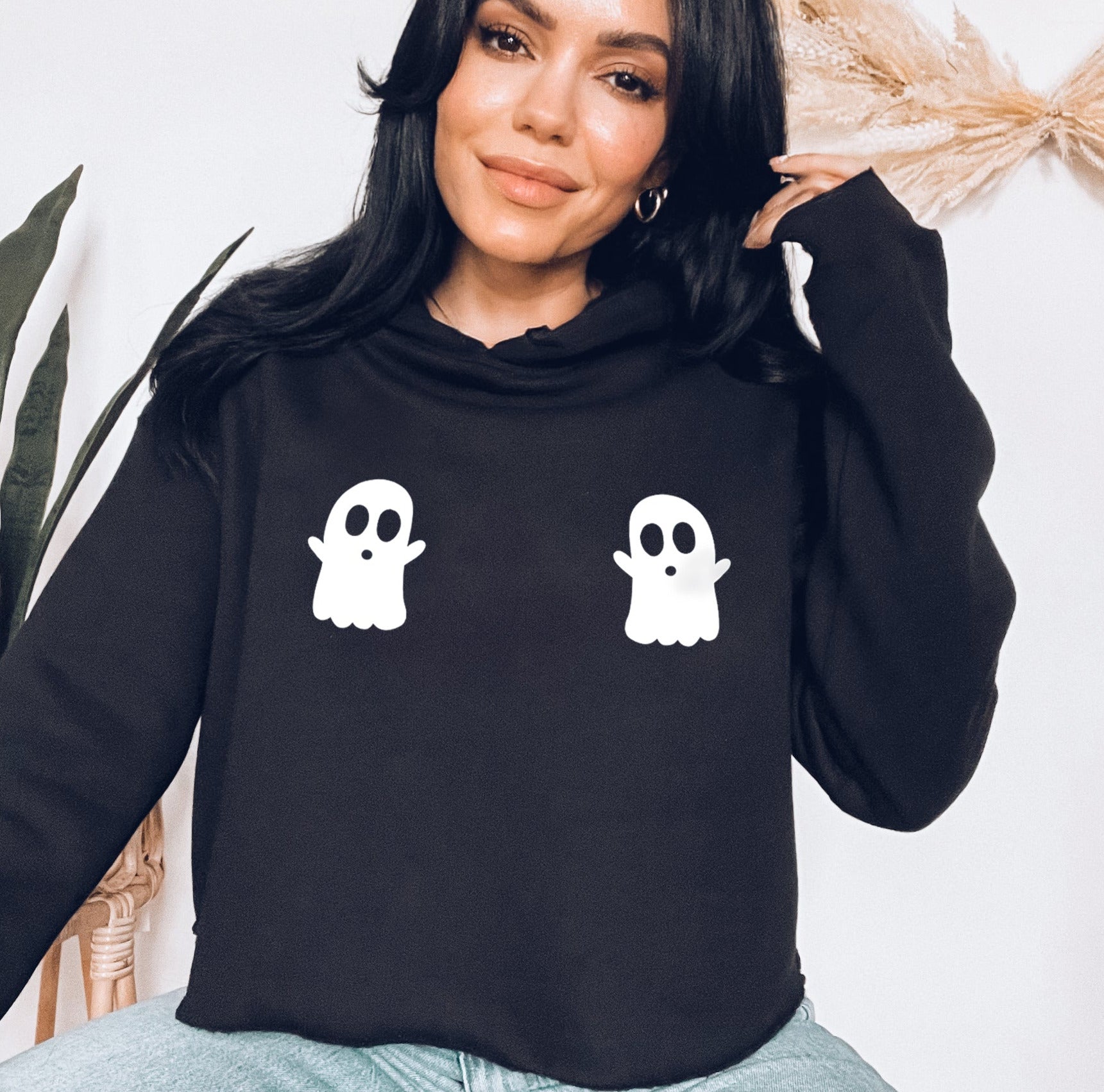 black crop hoodie with two ghost on the boobs - HighCiti