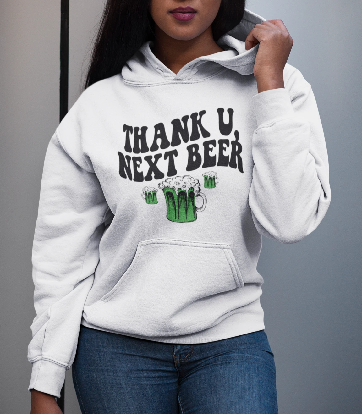 White hoodie that says thank u, next beer - HighCiti