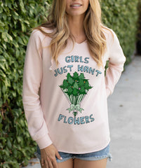 White women's hoodie with weed flowers bouquet that says girls just want flowers - HighCiti