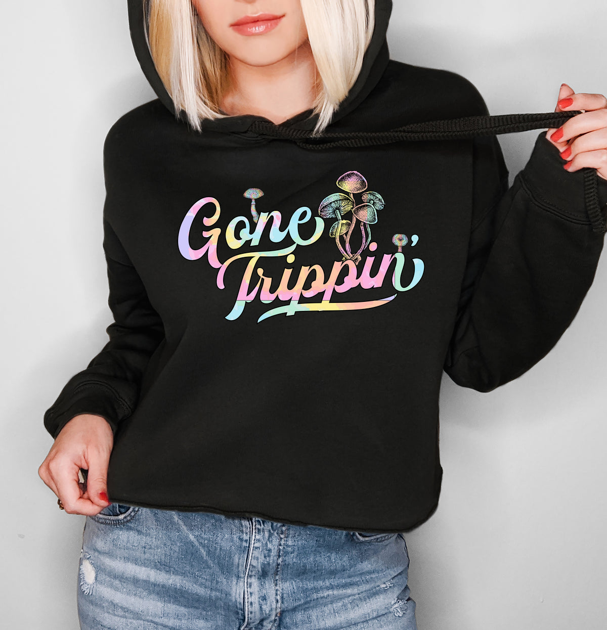 Black crop hoodie with psychedelic mushrooms that says gone trippin - HighCiti