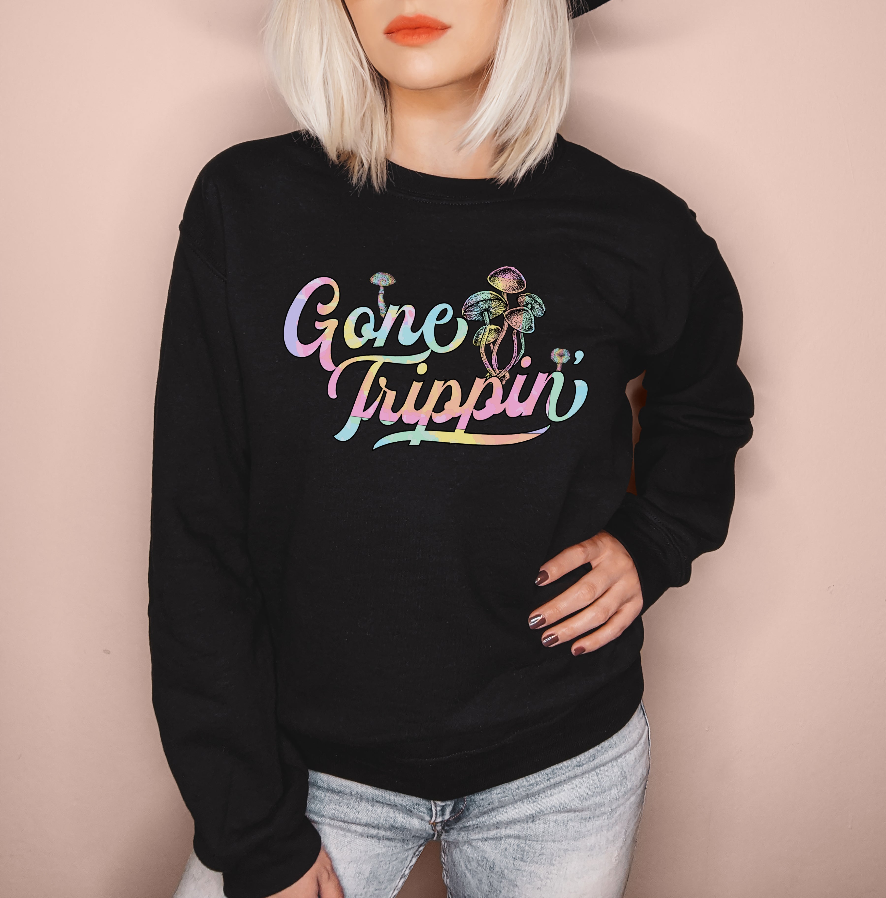 Black sweatshirt with psychedelic mushrooms that says gone trippin - HighCiti