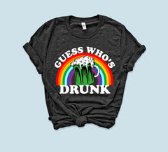 Heather black shirt with a rainbow green beer that says guess who's drunk - HighCiti