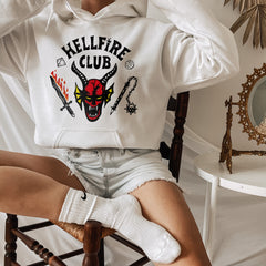 white hoodie that says hellfire club - HighCiti