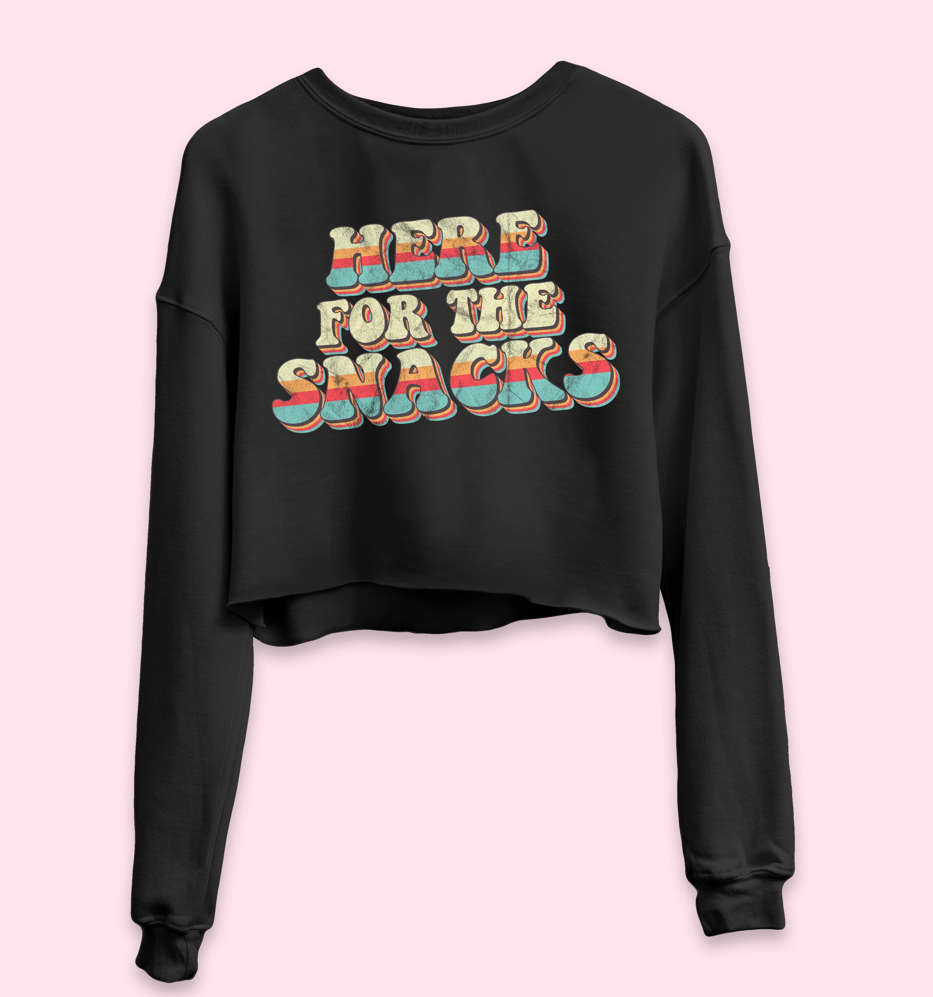 Black crop sweatshirt with colorful retro graphic that says here for the snacks - HighCiti