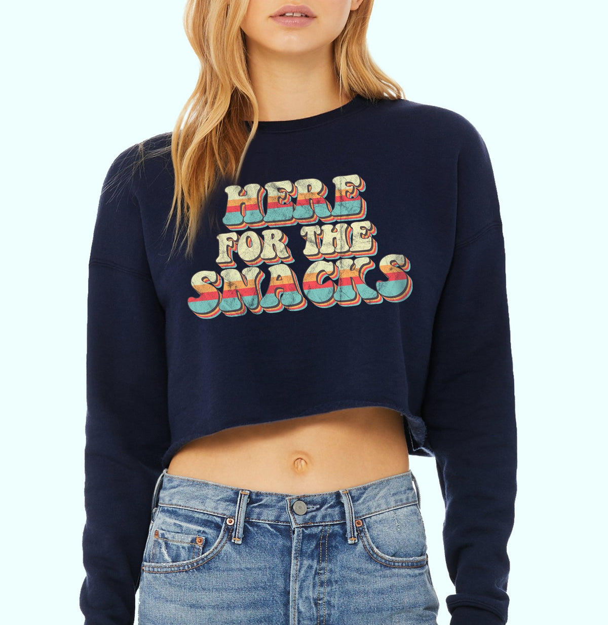 Navy crop sweatshirt with colorful retro graphic that says here for the snacks - HighCiti