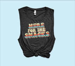 Heather black muscle tank with colorful retro graphic that says here for the snacks - HighCiti