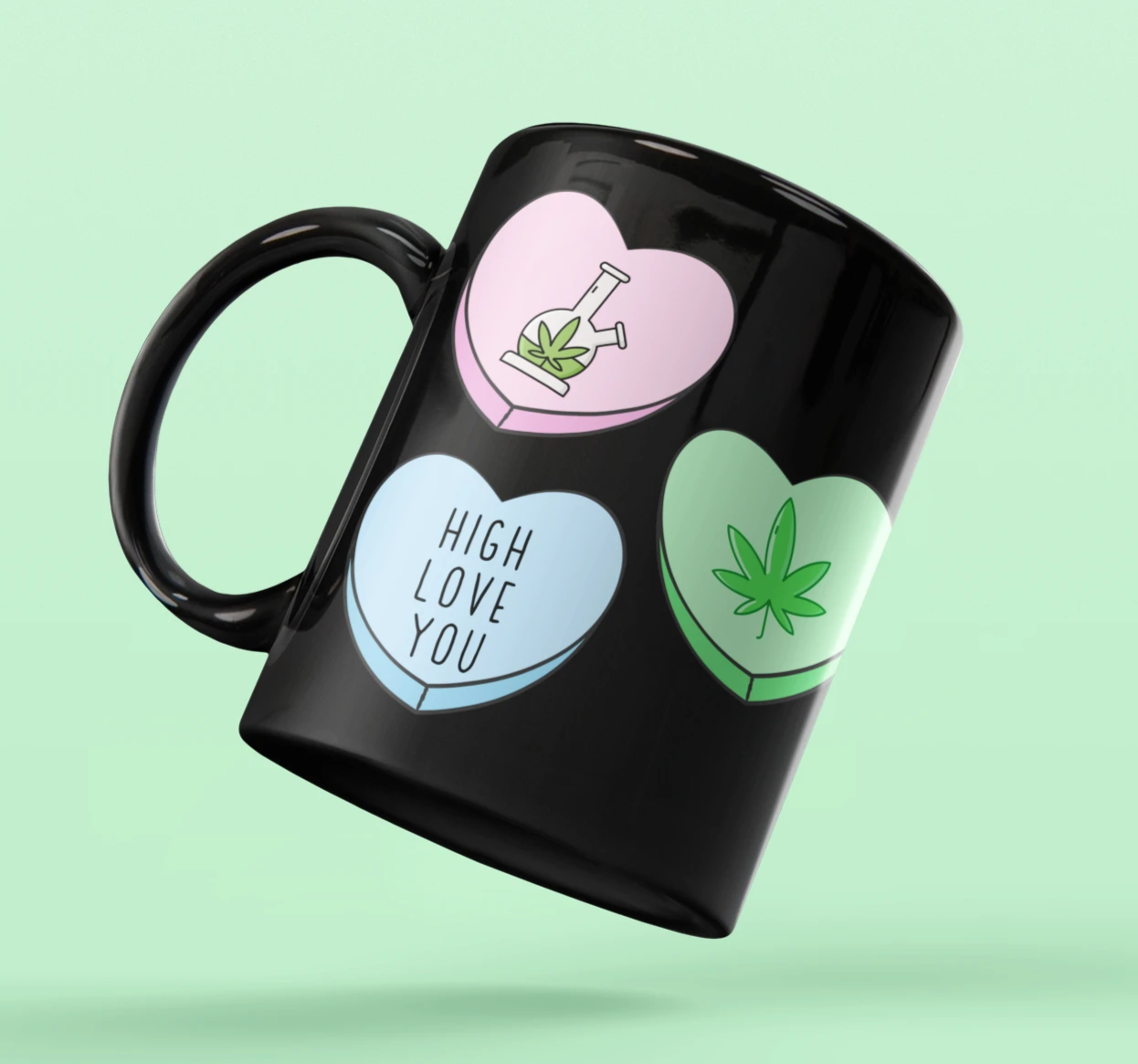 Black mug with three stoner candy hearts that says high love you - HighCiti