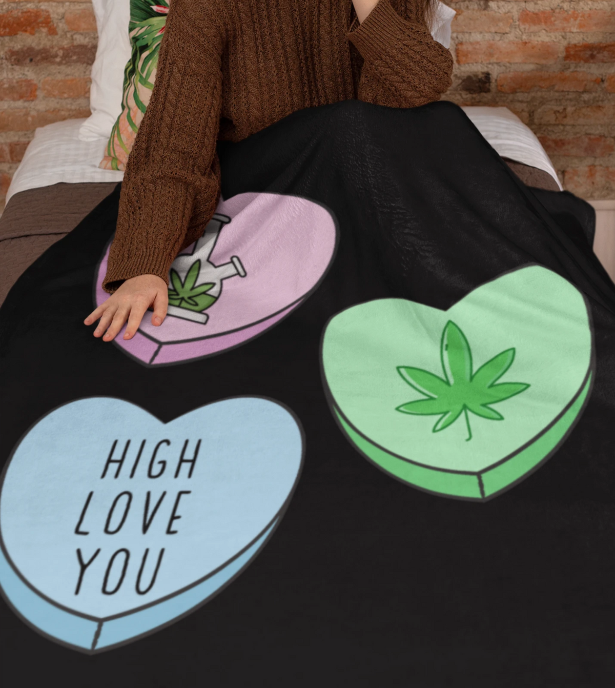 Black blanket with three stoner candy hearts that says high love you - HighCiti
