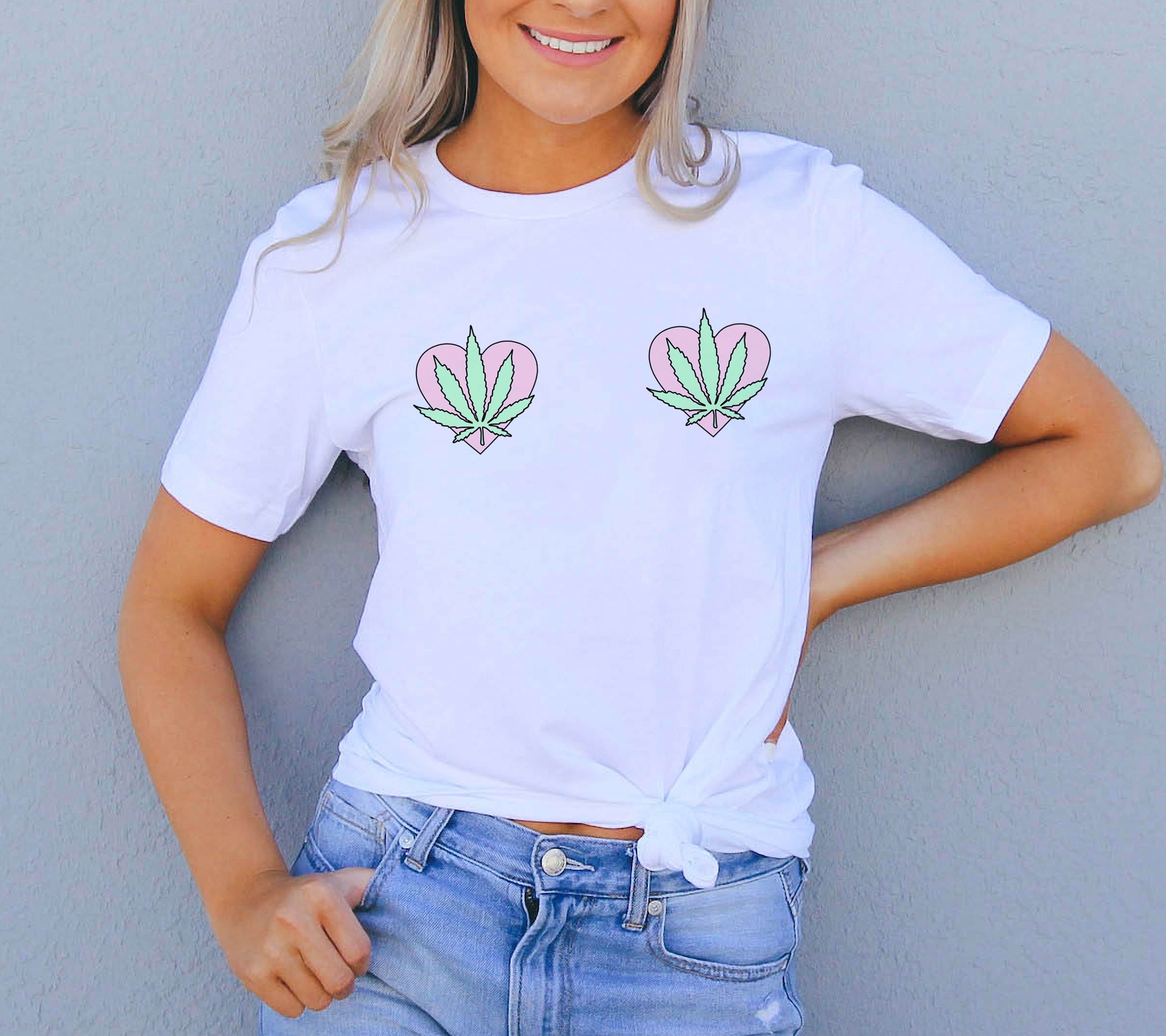 White shirt with weed leaf and heart placed on boobs - HighCiti
