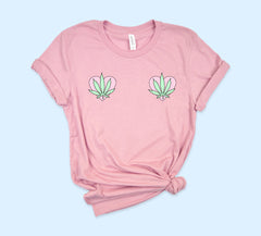Pink shirt with weed leaf and heart placed on boobs - HighCiti