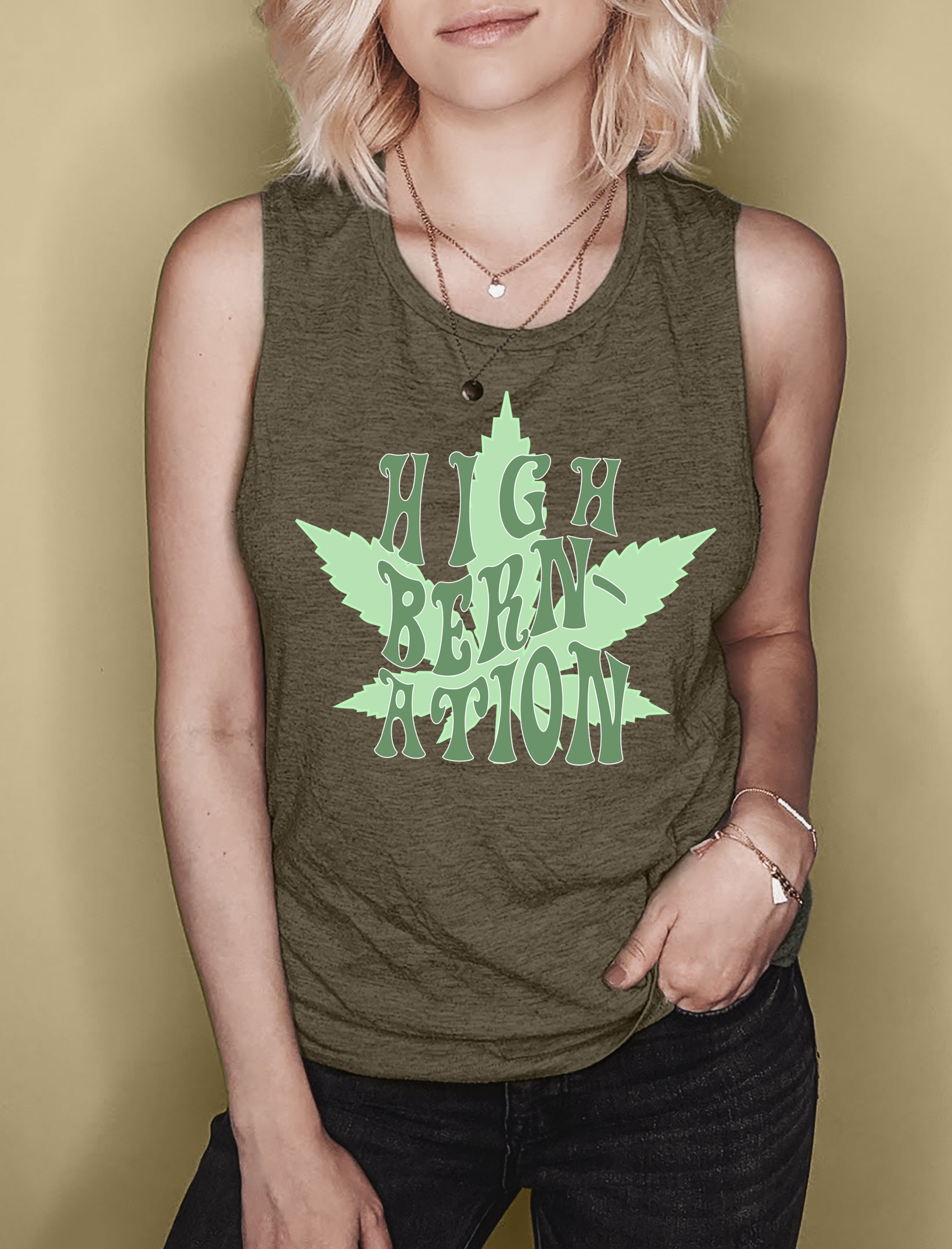 Heather olive muscle tank with a cannabis leaf that says highbernation - HighCiti