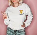 White sweatshirt with a stoned pizza that says high friend - HighCiti