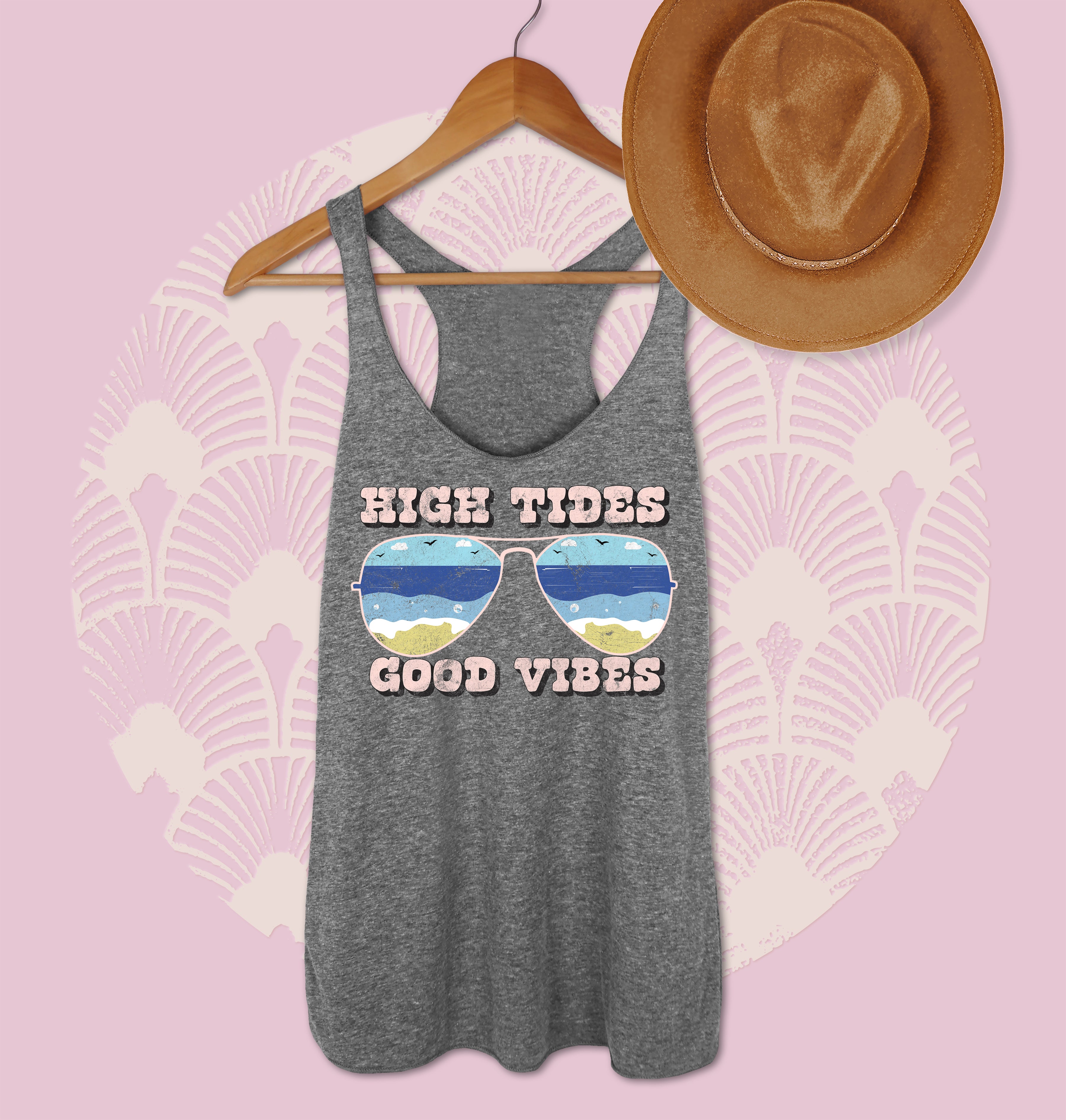 Grey tank top with sunglasses saying high tides good vibes - HighCiti