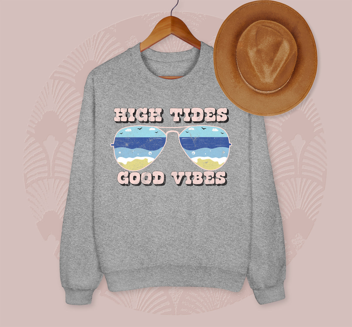 Grey sweatshirt with sunglasses saying high tides good vibes - HighCiti