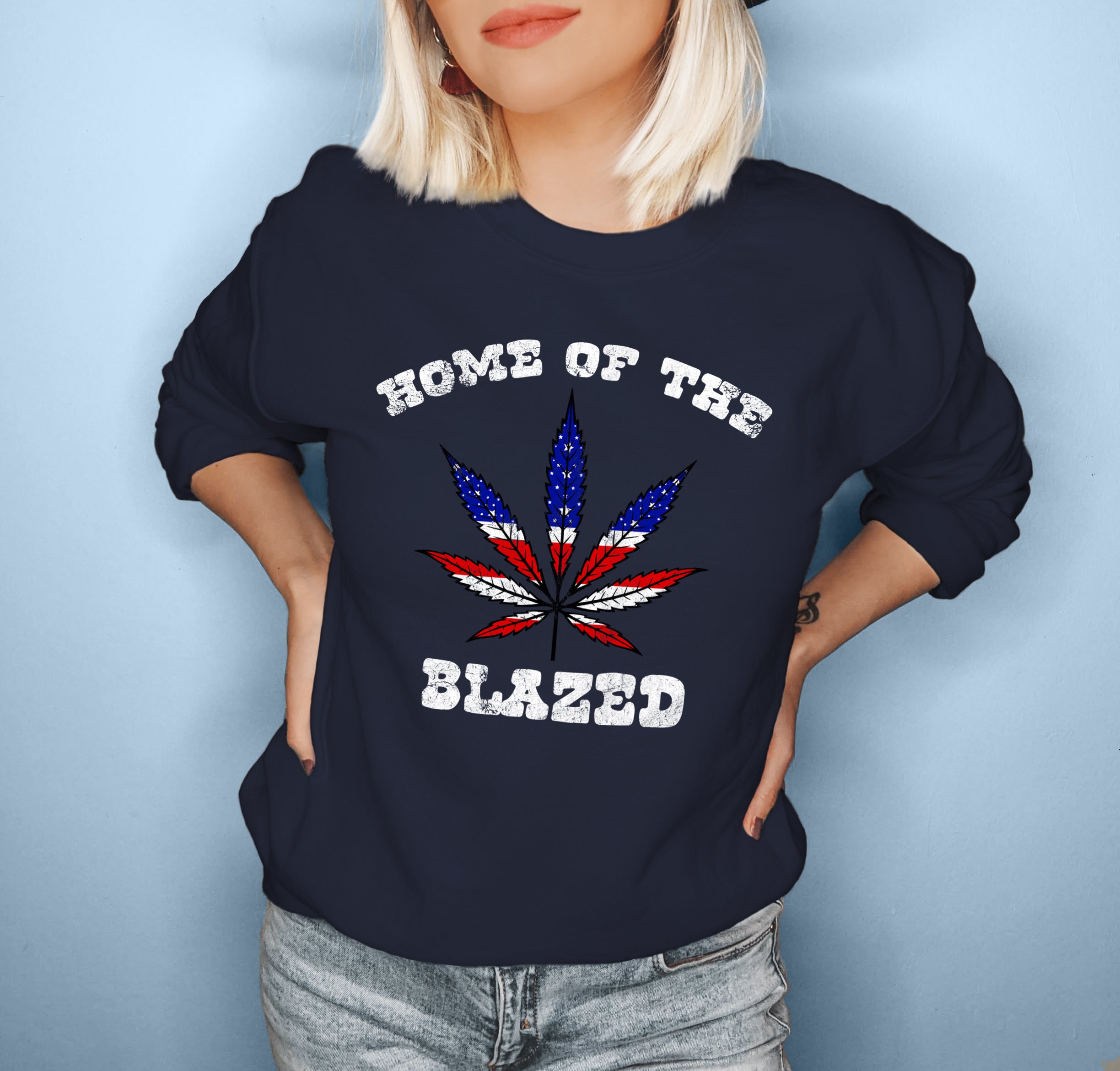 Navy sweatshirt with a america weed leaf that says home of the blazed - HighCiti