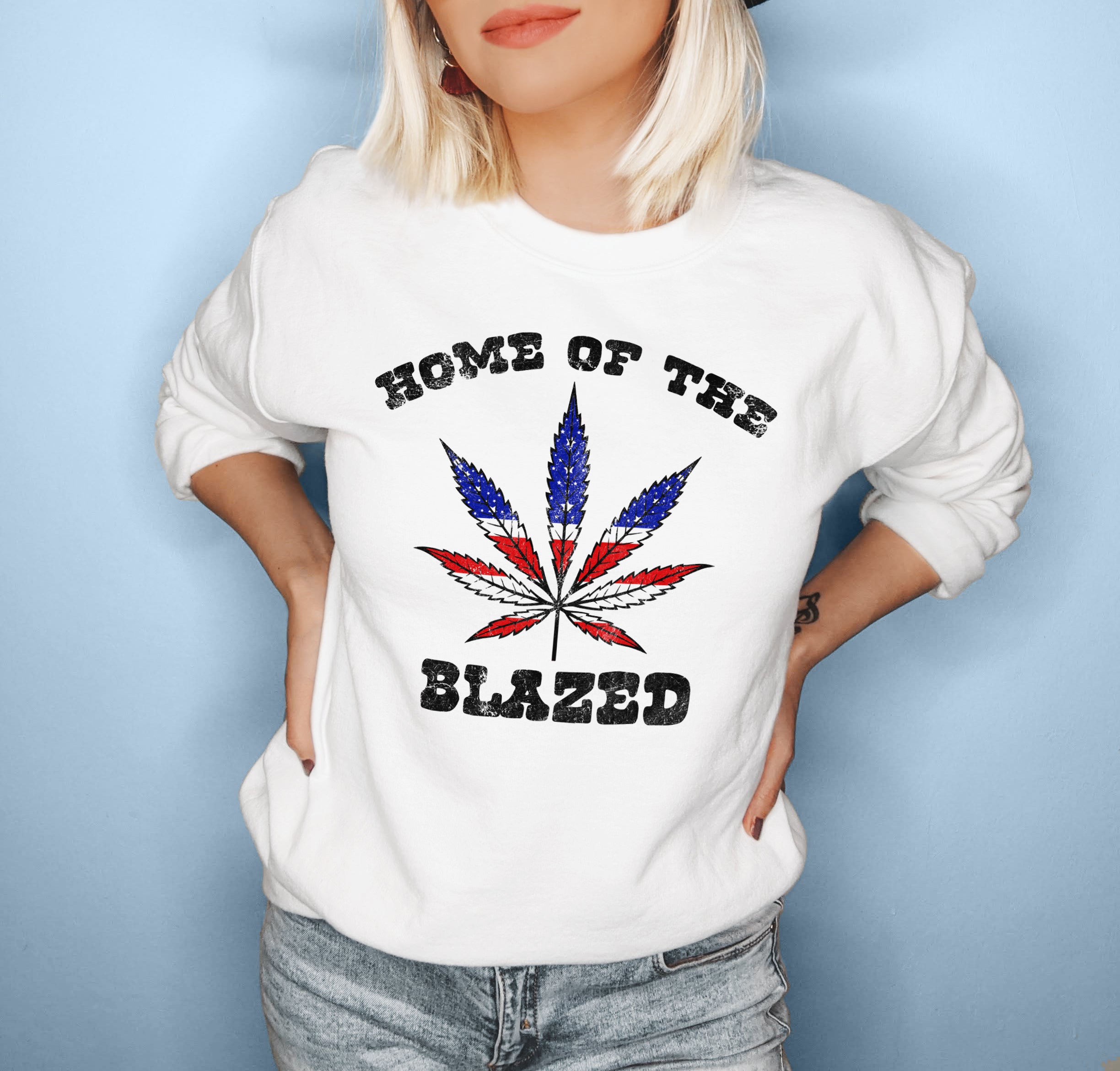 White sweatshirt with a america weed leaf that says home of the blazed - HighCiti