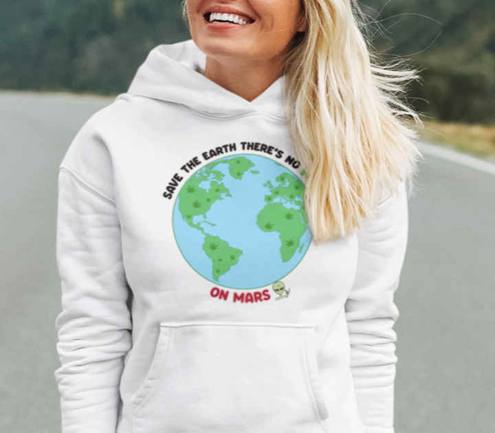White hoodie with a planet and an alien saying save the earth there's no weed on mars - HighCiti