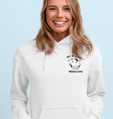 White hoodie with a cow saying suck your mom's tits - HighCiti