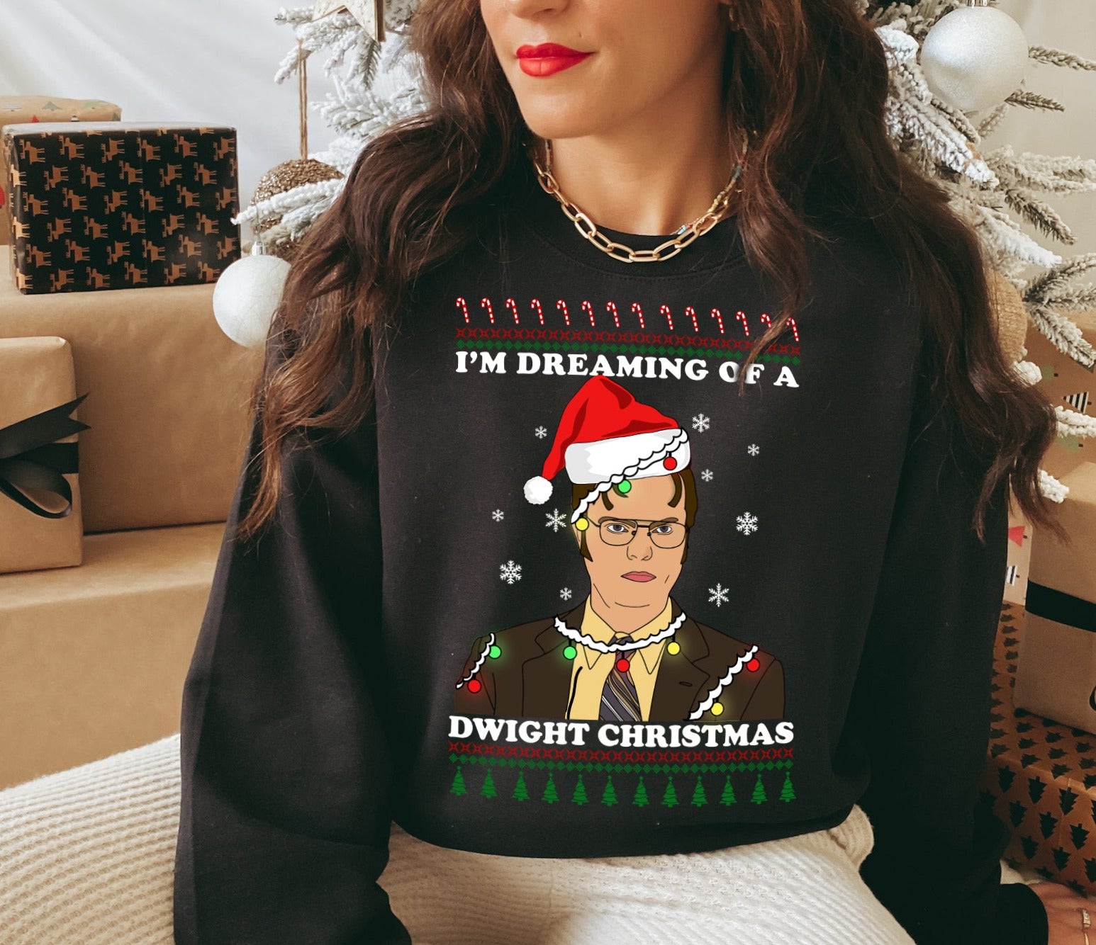 Black sweatshirt with dwight from the office saying I'm dreaming of a dwight christmas - HighCiti