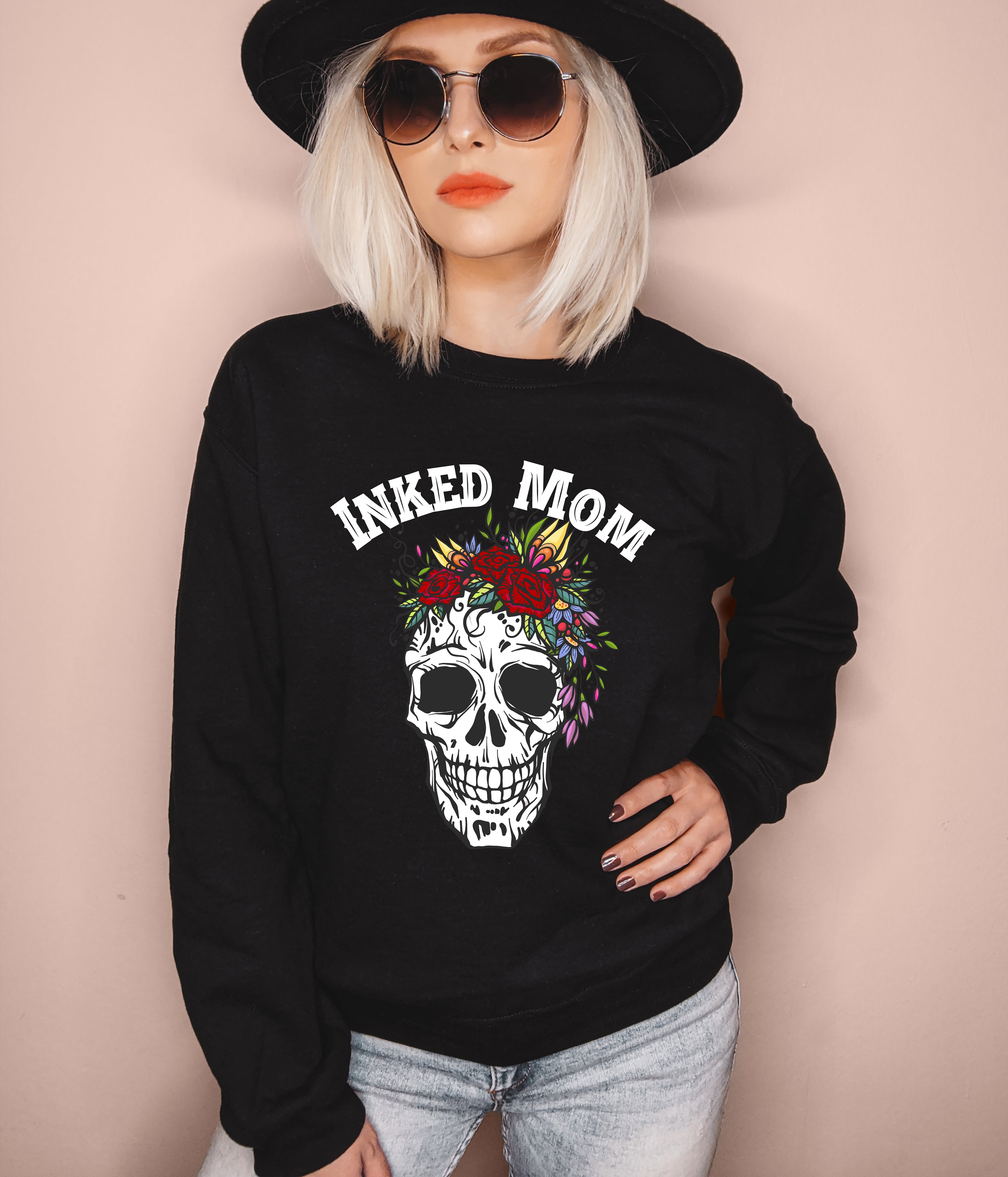 Black swweatshirt with a skull with flowers that says inked mom - HighCiti