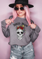 Grey crop sweatshirt with a skull with flowers that says inked mom - HighCiti
