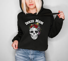Black crop hoodie with a skull with flowers that says inked mom - HighCiti
