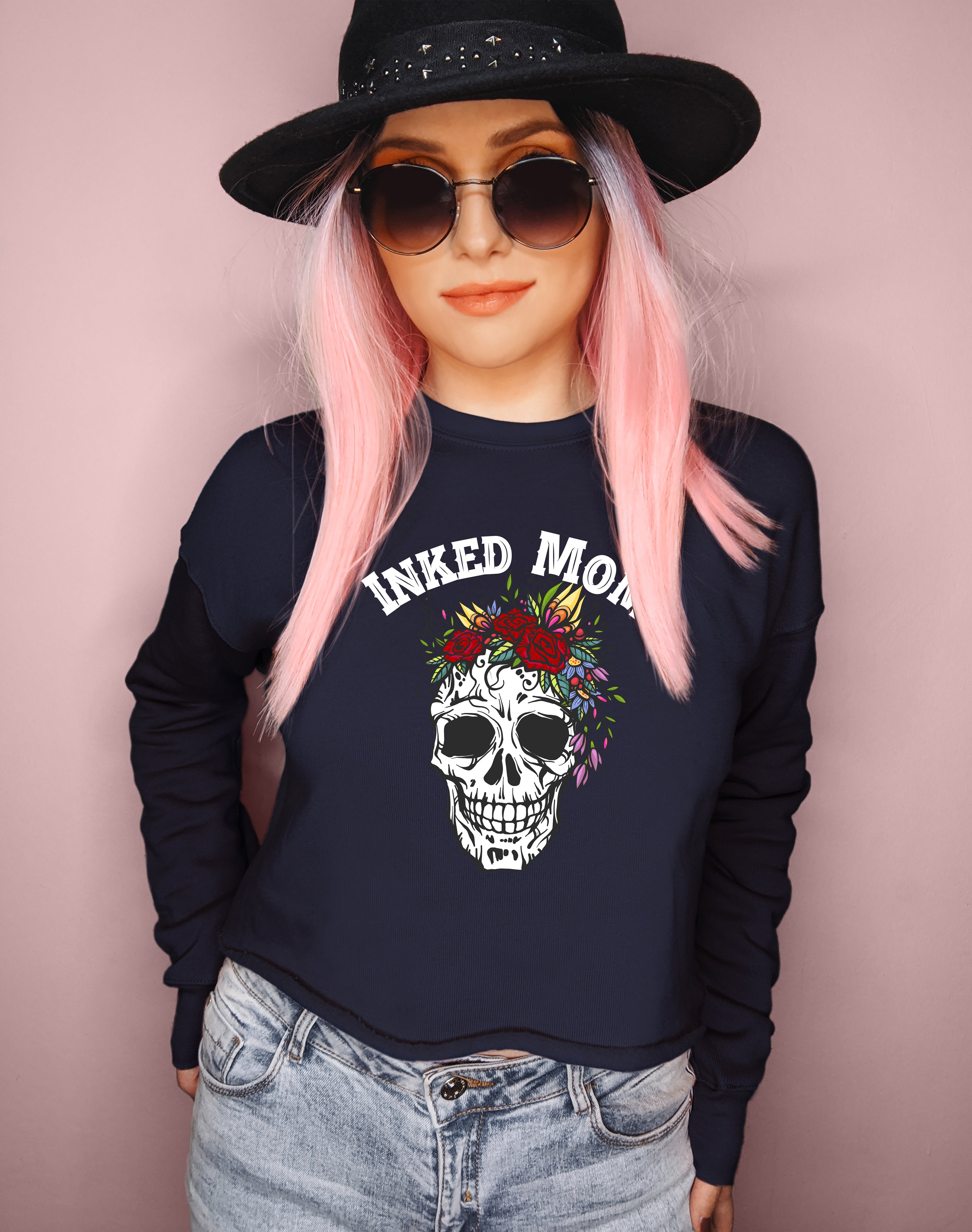 Navy crop sweatshirt with a skull with flowers that says inked mom - HighCiti