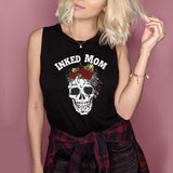 Black muscle tank with a skull with flowers that says inked mom - HighCiti