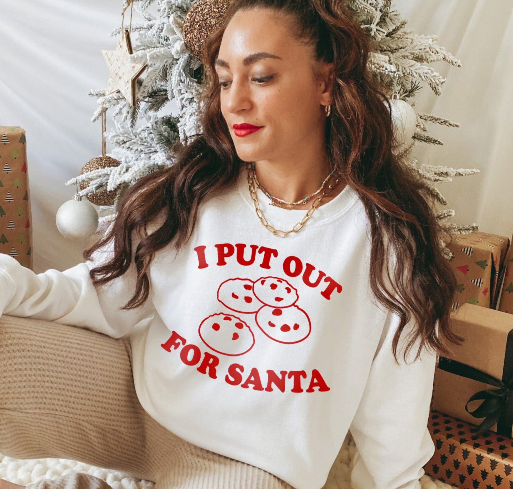 white sweatshirt with cookies that says i put out for santa - HighCiti