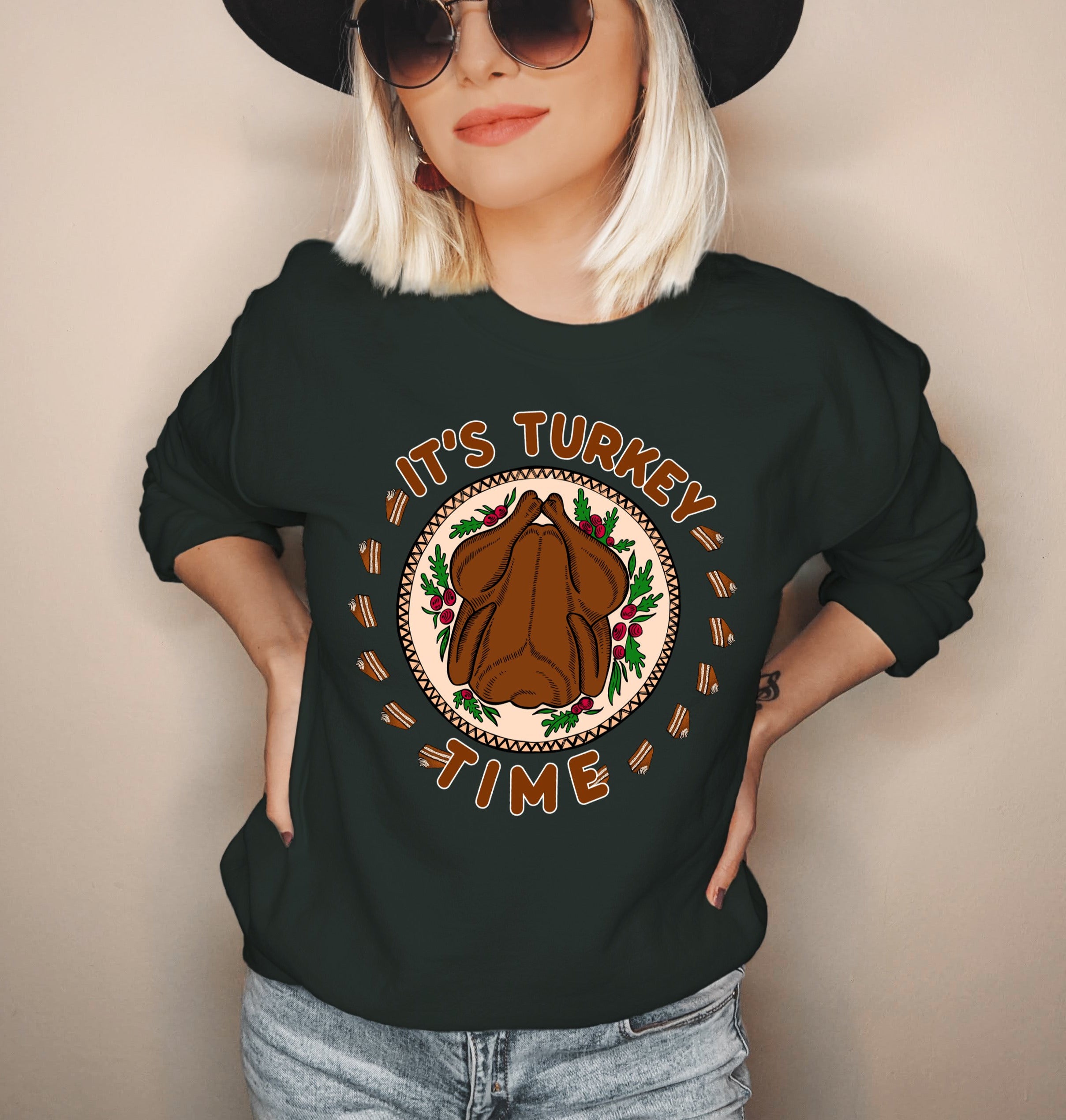 Forest sweatshirt with a turkey saying it's turkey time - HighCiti
