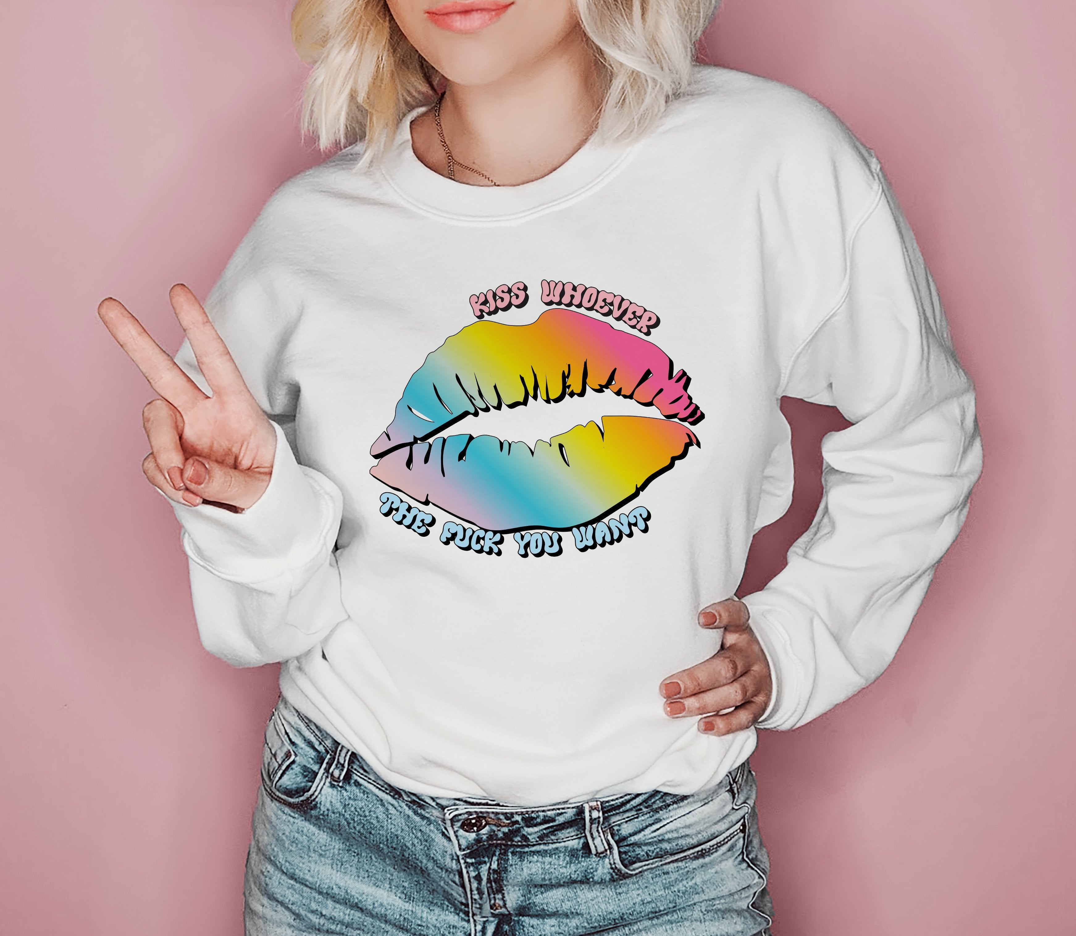 White sweatshirt with rainbow lips saying kiss whoever the fuck you want - HighCiti