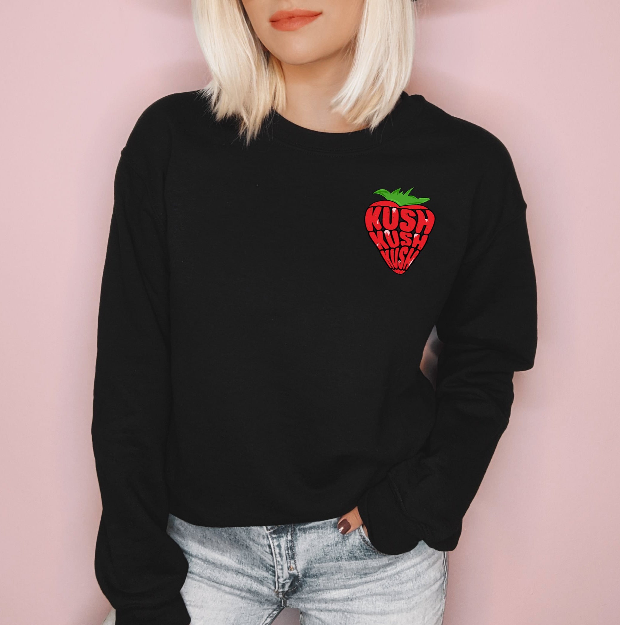 Black sweatshirt with a strawberry saying kush - HighCiti