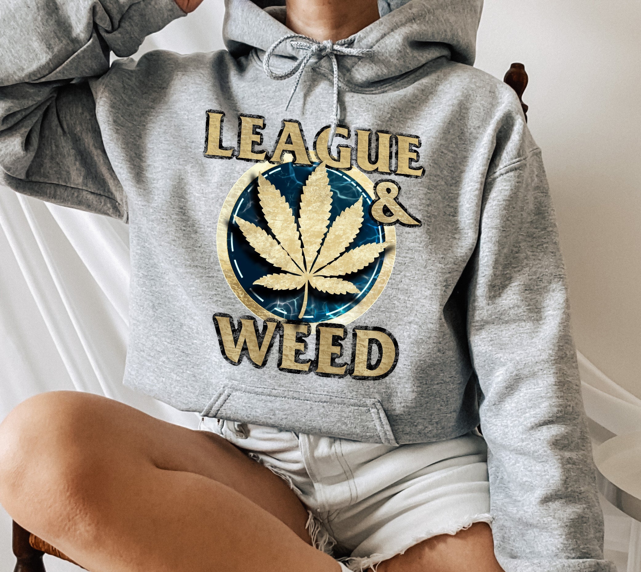 Grey hoodie with a cannabis leaf that says league and weed - HighCiti