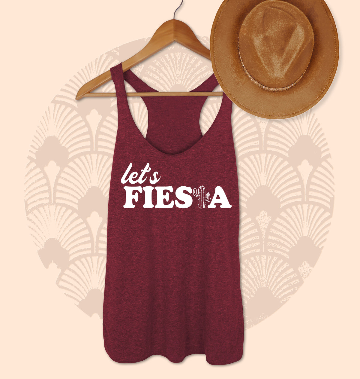 Maroon tank with a cactus that says let's fiesta - HighCiti