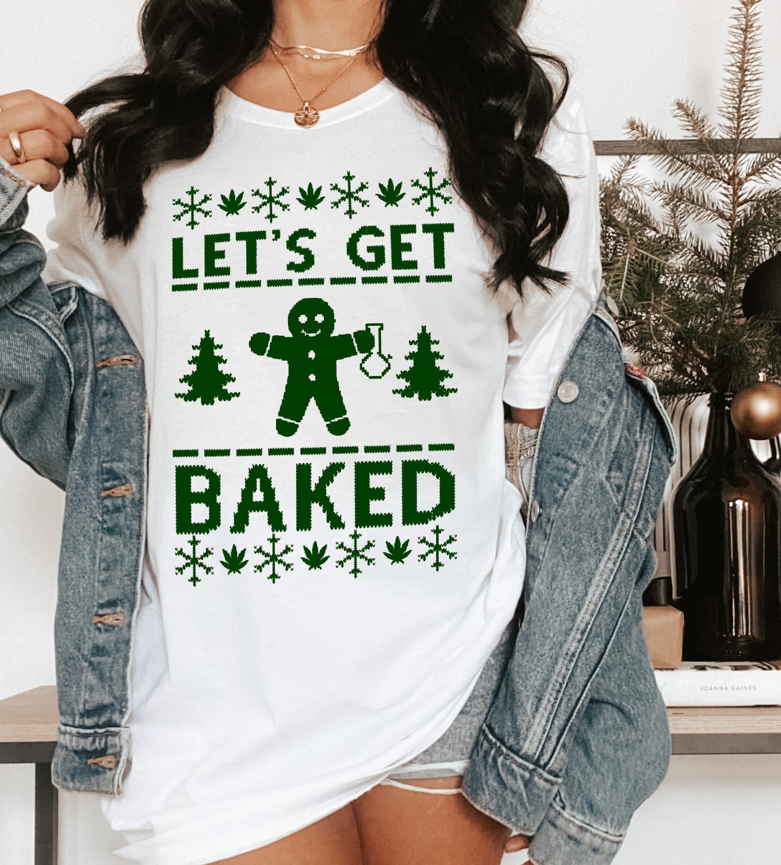 white shirt with a gingerbread and a bong saying let's get baked - HighCiti