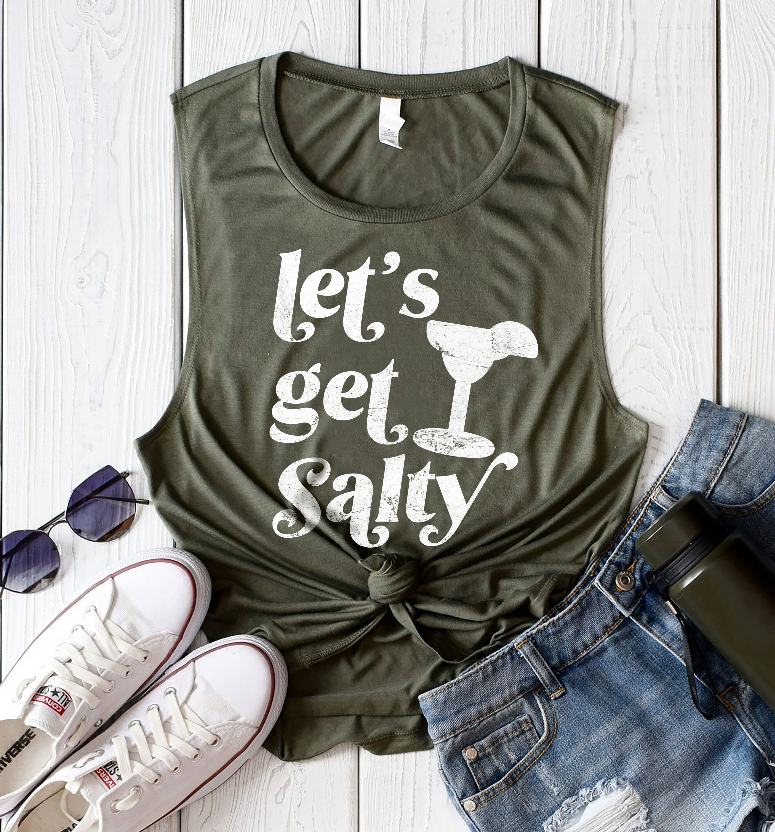 Heather olive muscle tank with a margarita that says let's get salty - HighCiti