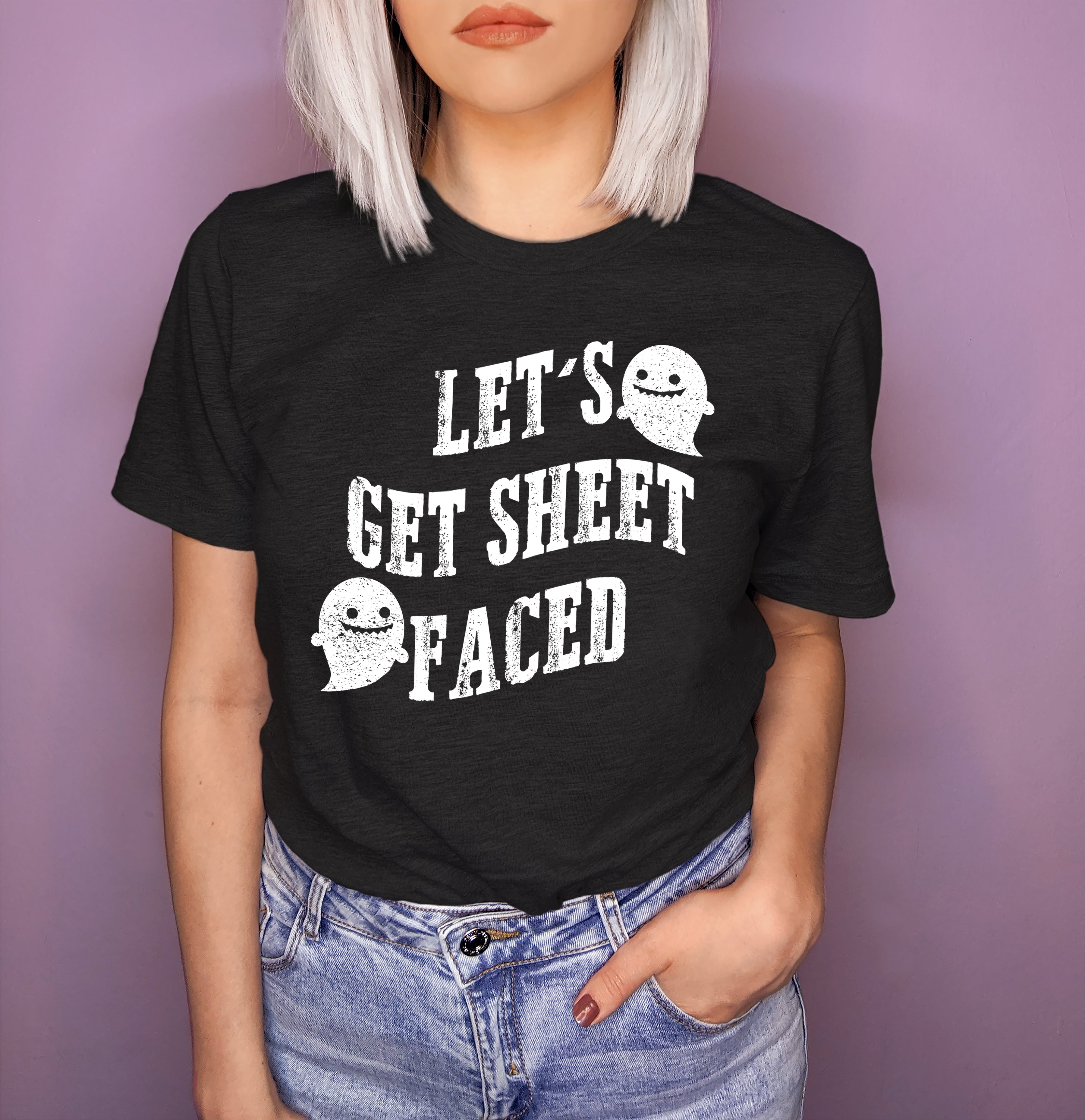 Heather black shirt with a ghost saying let's get sheet faced - HighCiti