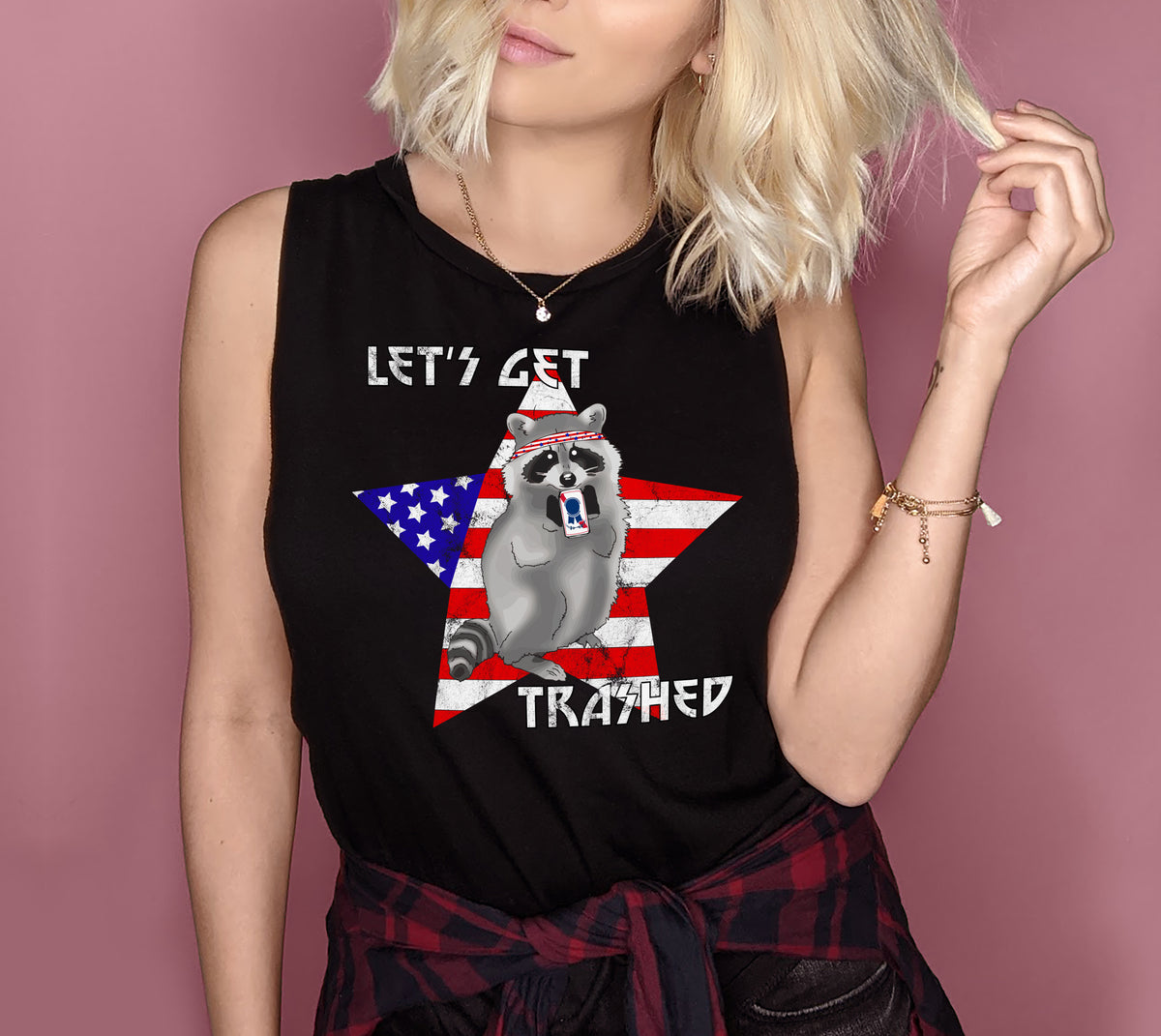 Black muscle tank with a usa star and a raccoon drinking a beer that says let's get trashed - HighCiti