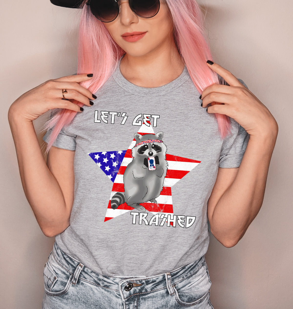 Grey shirt with a usa star and a raccoon drinking a beer that says let's get trashed - HighCiti