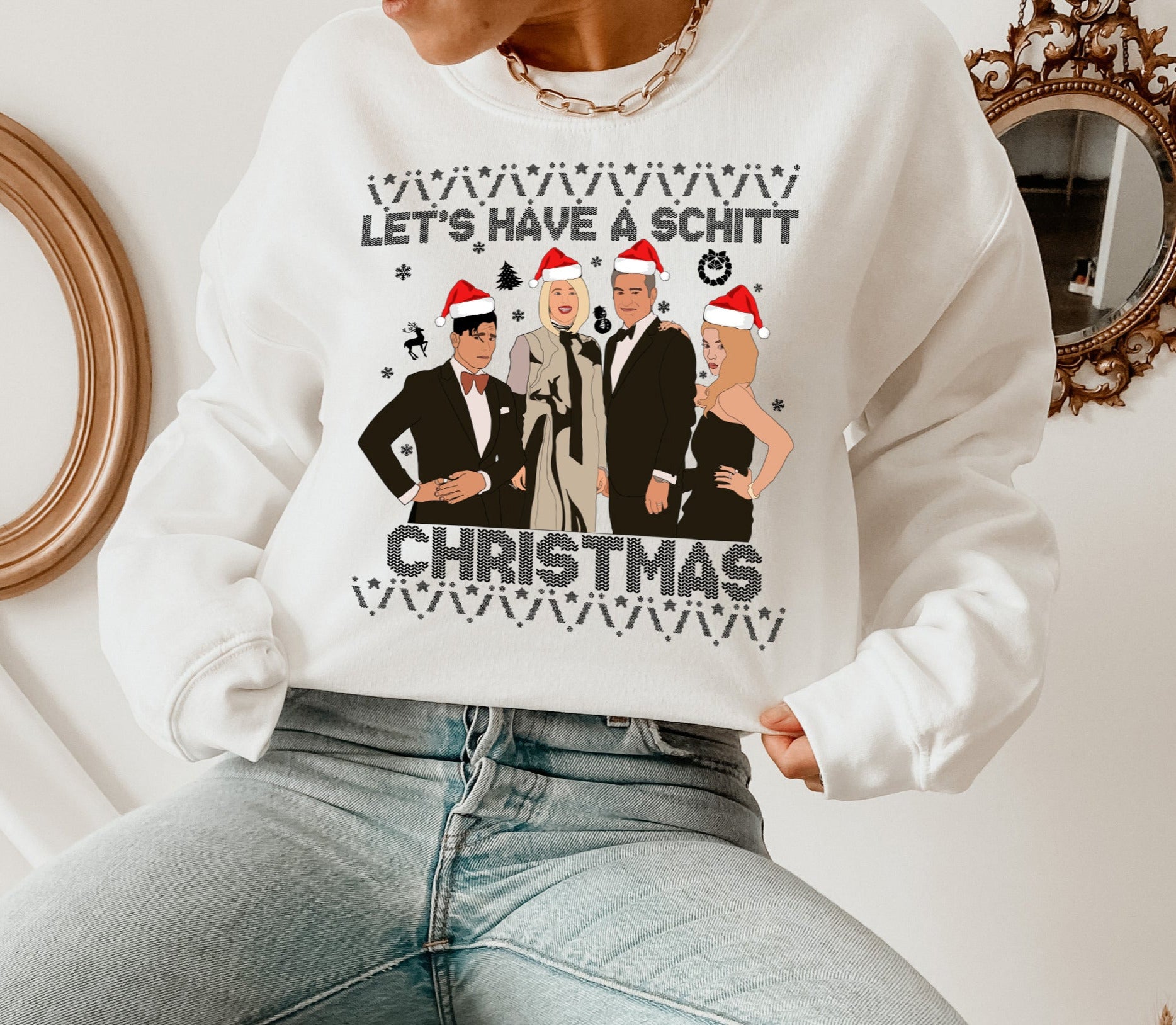 white sweatshirt with schitt's creek character saying let's have a schitt christmas - HighCiti