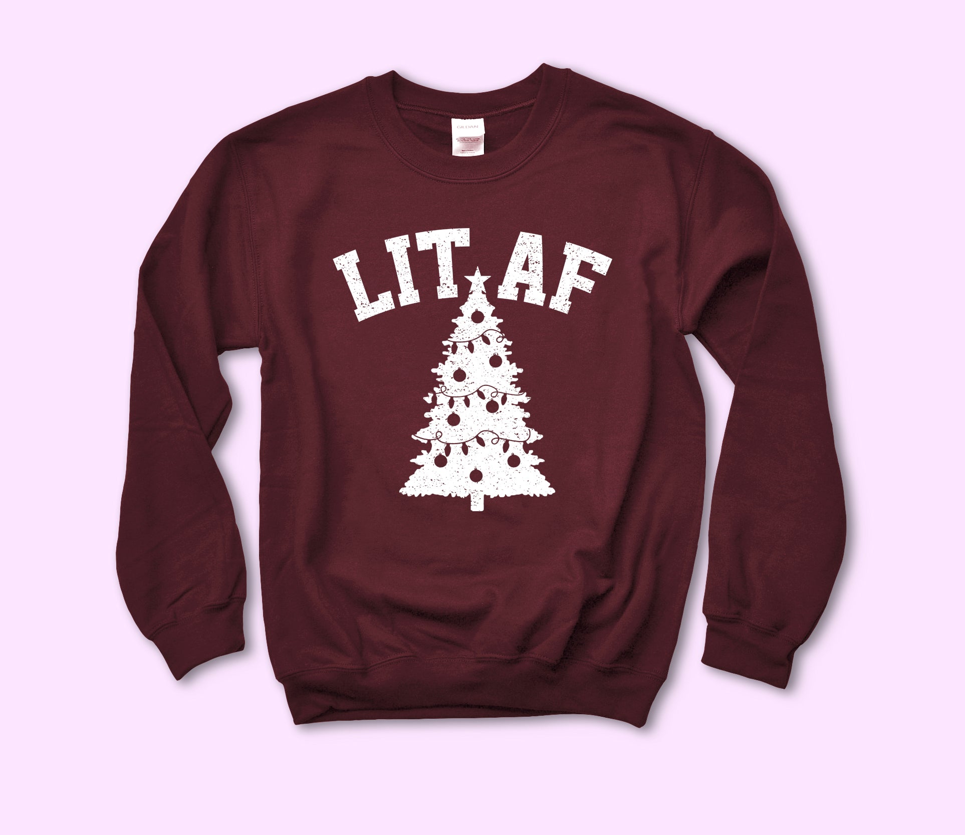 maroon sweatshirt with a christmas tree that says lit af - HighCiti